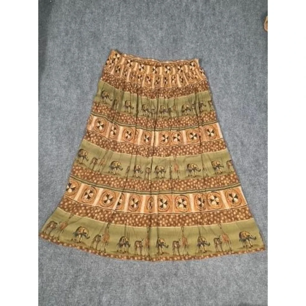 VTG Stonebridge Safari Animal Print Maxi Skirt 2X Green Brown Giraffe Rayon Boho